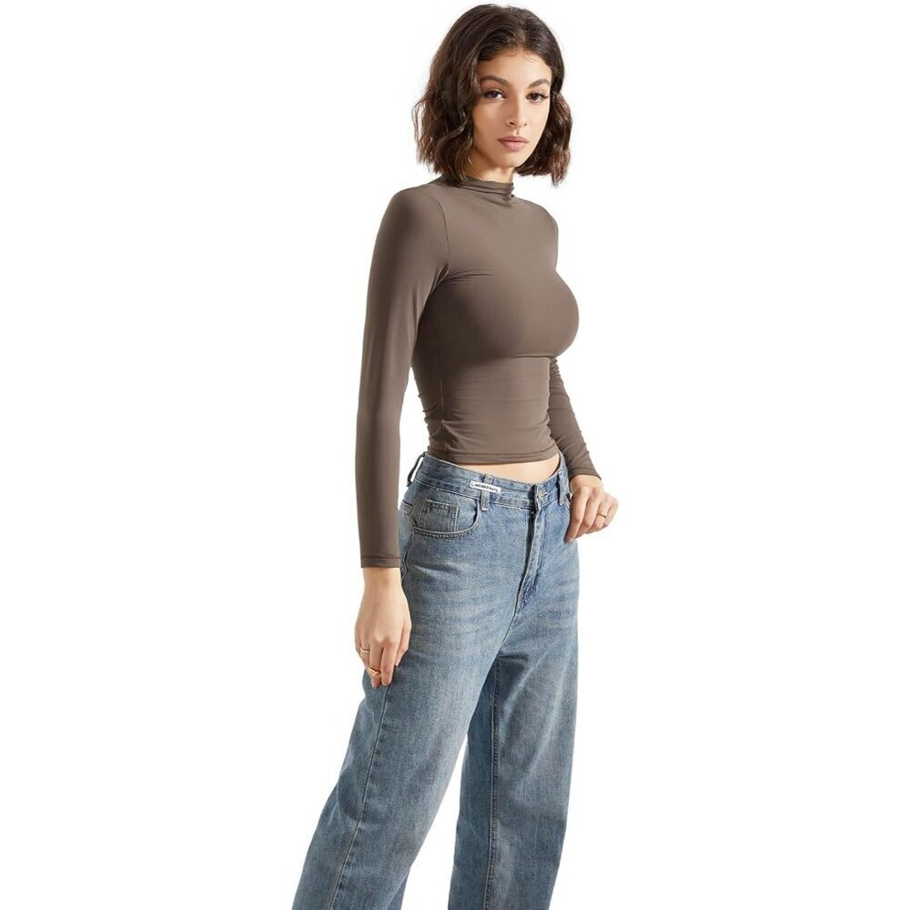 Women Double Lined Mock Turtle Neck Long Sleeve Fitted Y2K Crop Top - Picture 4 of 7